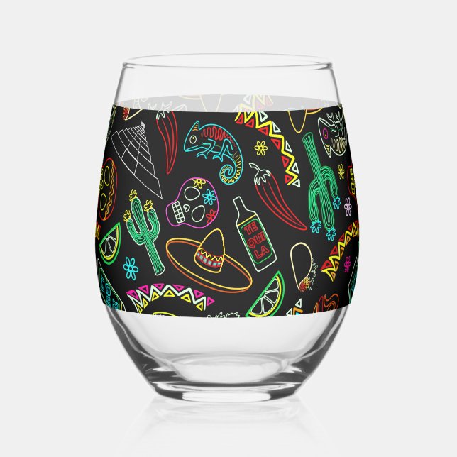 Aztec Eagle Warrior Tribal Ancient Art Stemless Wine Glass (Front)