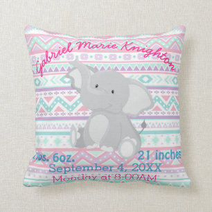 Aztec Elephant Baby Girl Birth Stats Personalized Throw Pillow