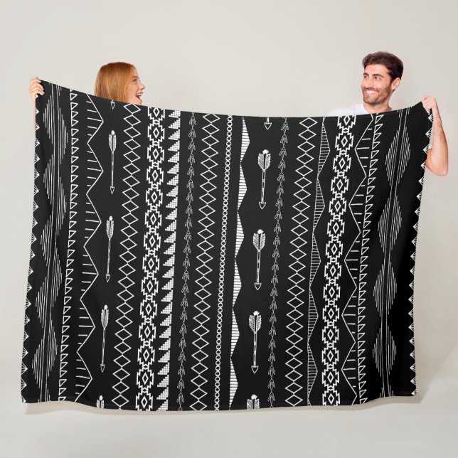 Aztec Geometric Black and White Abstract Pattern Fleece Blanket (In Situ)