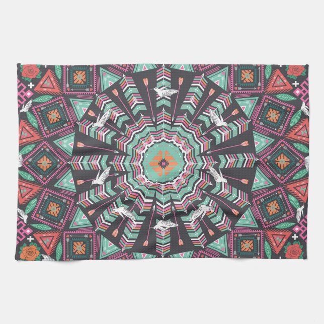 Aztec Geometric: Colourful Circle Pattern Kitchen Towel (Horizontal)