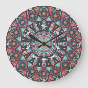 Aztec Geometric: Colourful Circle Pattern Large Clock