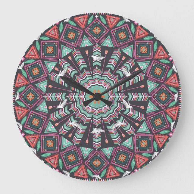 Aztec Geometric: Colourful Circle Pattern Large Clock (Front)