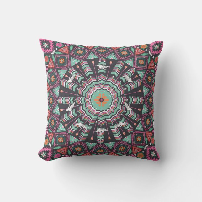 Aztec Geometric: Colourful Circle Pattern Throw Pillow (Front)