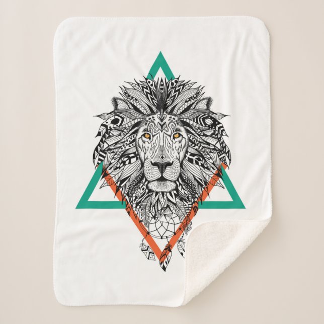 Aztec Geometric Lion Portrait Sherpa Blanket (Front)