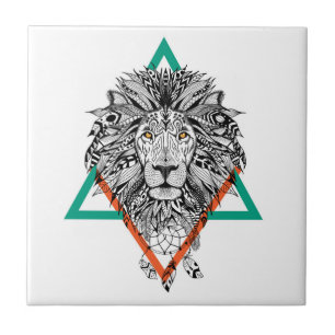 Aztec Geometric Lion Portrait Tile