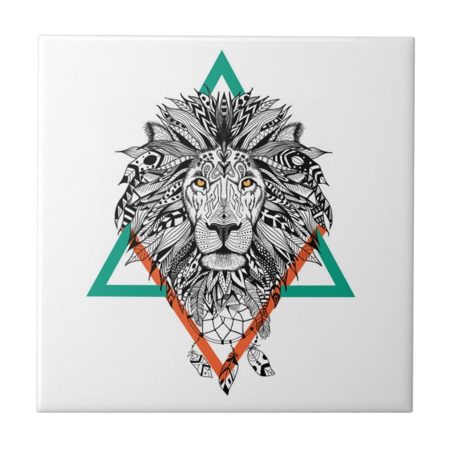 Aztec Geometric Lion Portrait Tile (Front)