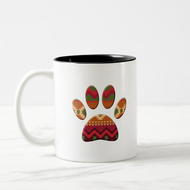 Aztec Geometric Pattern Art Dog Paw Print Two-Tone Coffee Mug (Left)