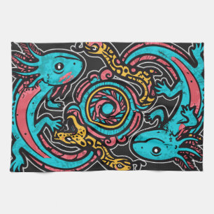 Aztec God Xolotl Fighting Jaguar Battle Tribal Art Kitchen Towel