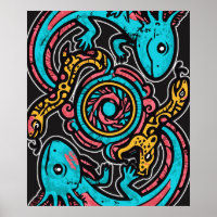 Aztec God Xolotl Fighting Jaguar Battle Tribal Art