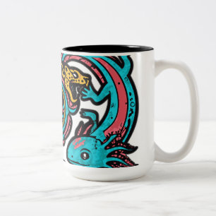 Aztec God Xolotl Fighting Jaguar Battle Tribal Art Two-Tone Coffee Mug