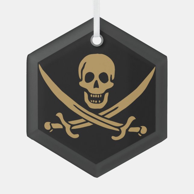 Aztec Gold Skull & Cutlass Pirate Calico Jack Glass Ornament (Front)
