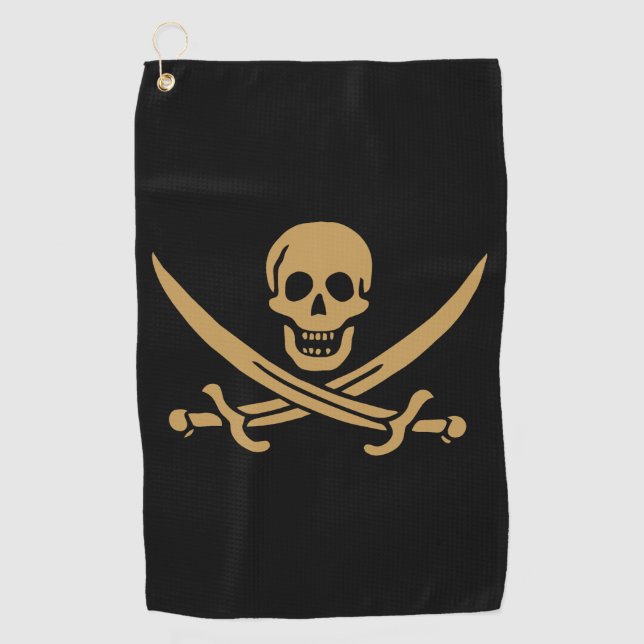 Aztec Gold Skull & Cutlass Pirate Calico Jack Golf Towel (Front)