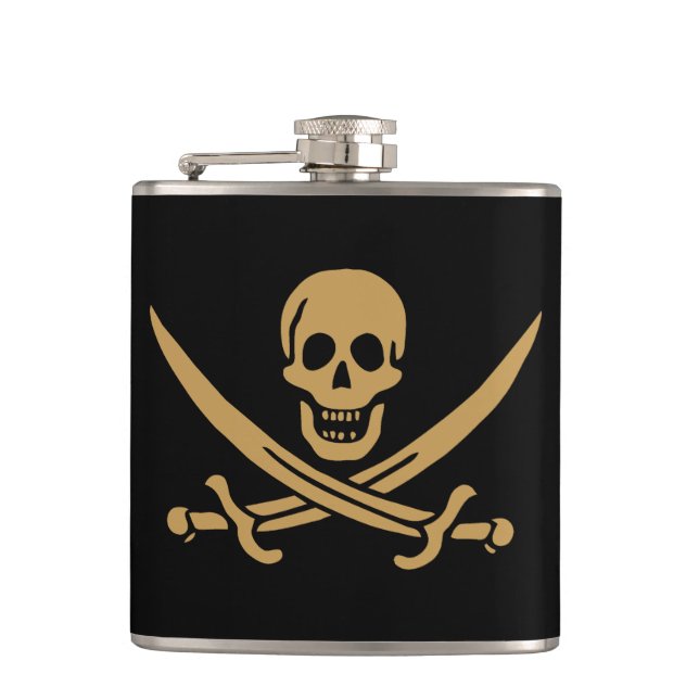 Aztec Gold Skull & Cutlass Pirate Calico Jack Hip Flask (Front)
