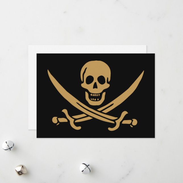 Aztec Gold Skull & Cutlass Pirate Calico Jack Holiday Card (Front/Back In Situ)