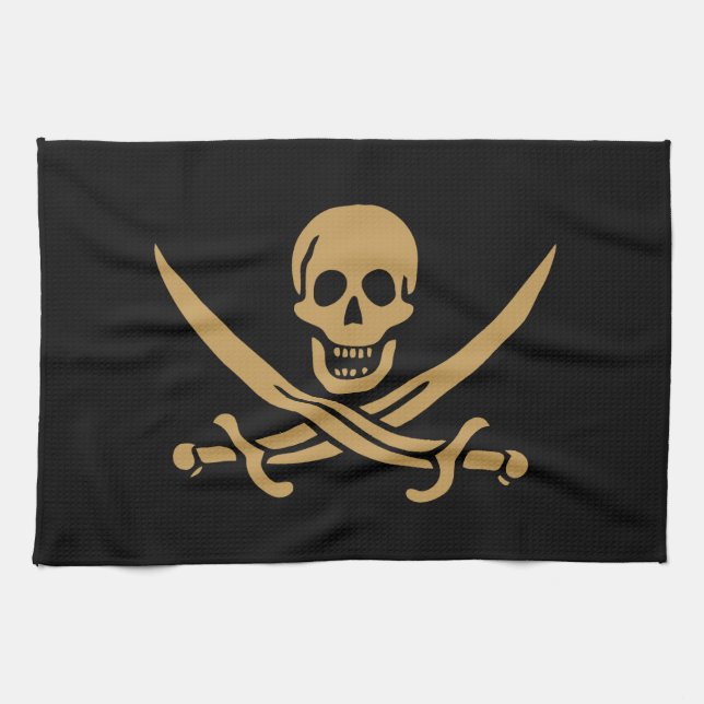 Aztec Gold Skull & Cutlass Pirate Calico Jack Kitchen Towel (Horizontal)