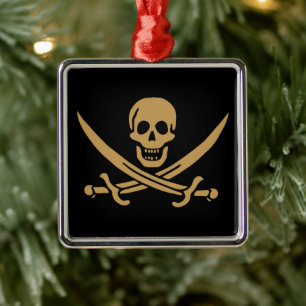 Aztec Gold Skull & Cutlass Pirate Calico Jack Metal Ornament