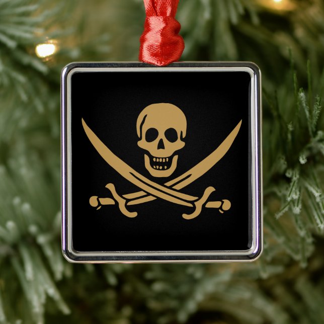 Aztec Gold Skull & Cutlass Pirate Calico Jack Metal Ornament (Tree)