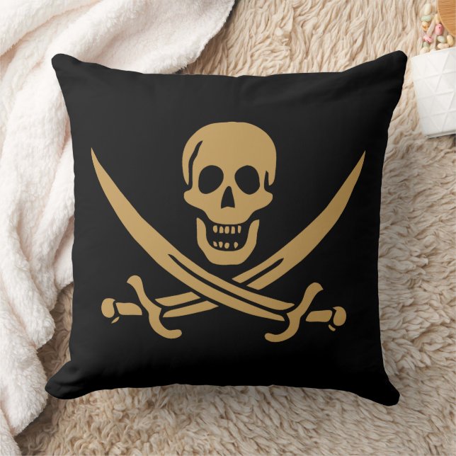 Aztec Gold Skull & Cutlass Pirate Calico Jack Throw Pillow (Blanket)