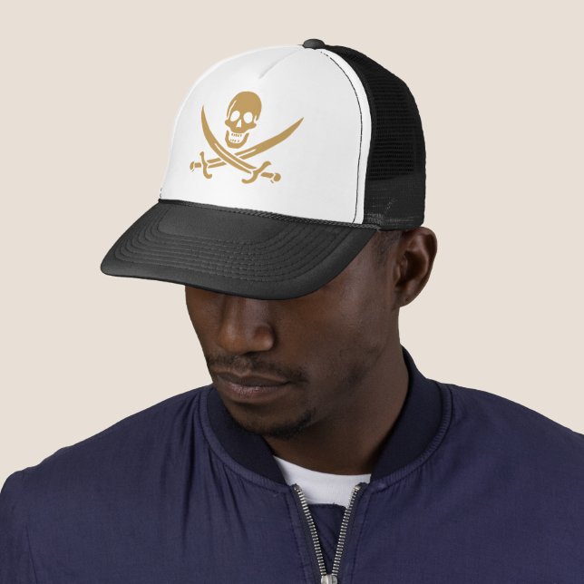 Aztec Gold Skull & Cutlass Pirate Calico Jack Trucker Hat (In Situ)