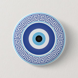 Aztec Greek Circle Key Evil Eye Blue White 2 Inch Round Button