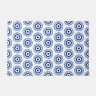 Aztec Greek Circle Key Evil Eye Pattern Blue Doormat