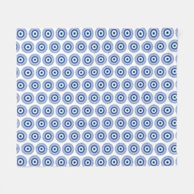 Aztec Greek Circle Key Evil Eye Pattern Blue Fleece Blanket (Front (Horizontal))