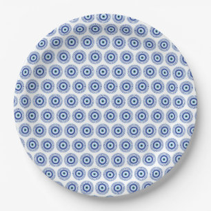 Aztec Greek Circle Key Evil Eye Pattern Blue Paper Plate