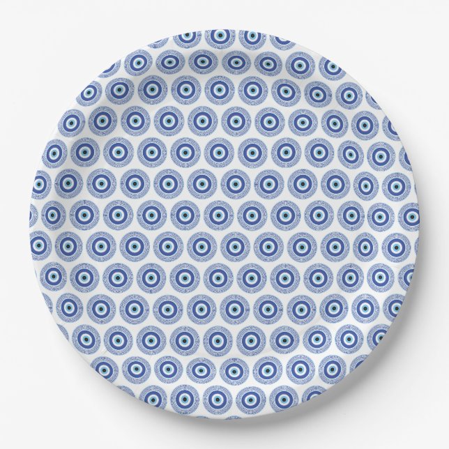 Aztec Greek Circle Key Evil Eye Pattern Blue Paper Plate (Front)