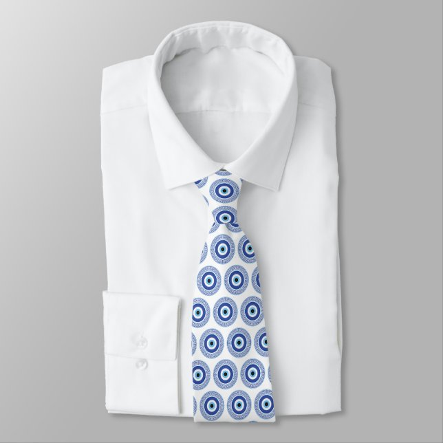 Aztec Greek Circle Key Evil Eye Pattern Blue Tie (Tied)