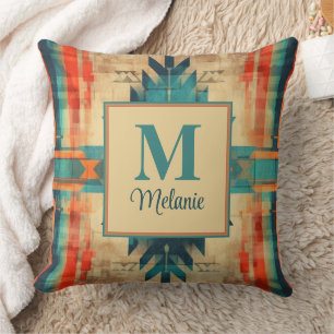 Aztec Grunge Pattern Custom Name and Monogram Throw Pillow