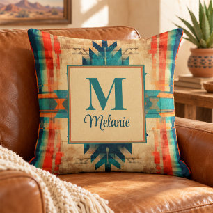 Aztec Grunge Pattern Custom Name and Monogram Throw Pillow