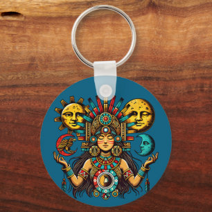 Aztec Indian woMan princess sun moon Folk art Keychain