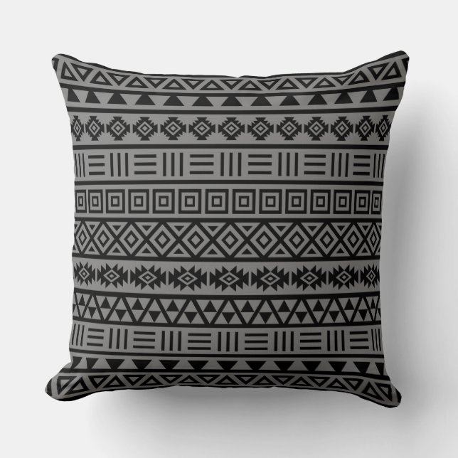 Aztec Influence Pattern Black on Grey Throw Pillow (Front)