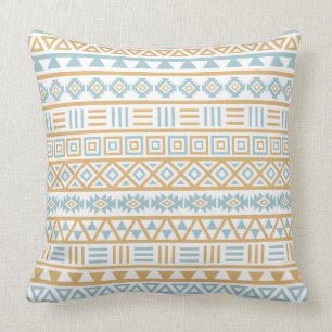 Aztec Influence Pattern Blue Gold White Throw Pillow