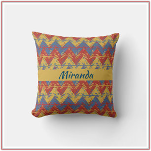 Aztec Inspired Blue Red and Gold Throw Pillow