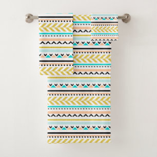 Aztec Inspired Gold Blue Pink Geometric Pattern Bath Towel Set