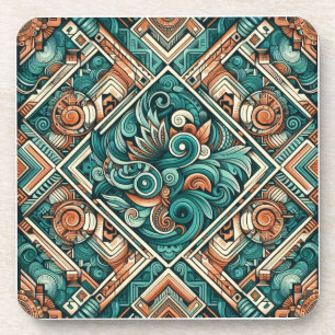Aztec-Inspired Teal and Terracotta Pattern Coaster