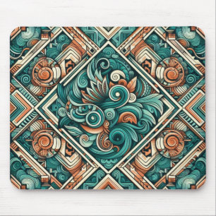 Aztec-Inspired Teal and Terracotta Pattern Mouse Pad