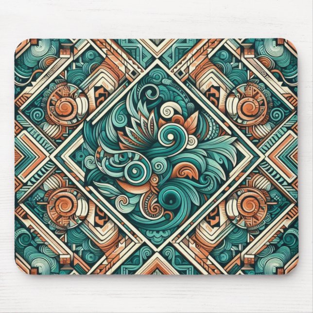 Aztec-Inspired Teal and Terracotta Pattern Mouse Pad (Front)
