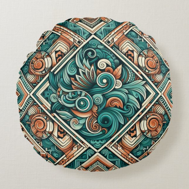 Aztec-Inspired Teal and Terracotta Pattern Round Pillow (Front)