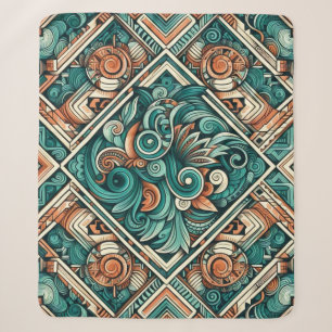 Aztec-Inspired Teal and Terracotta Pattern Sherpa Blanket
