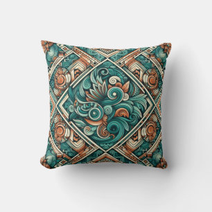 Aztec-Inspired Teal and Terracotta Pattern Throw Pillow