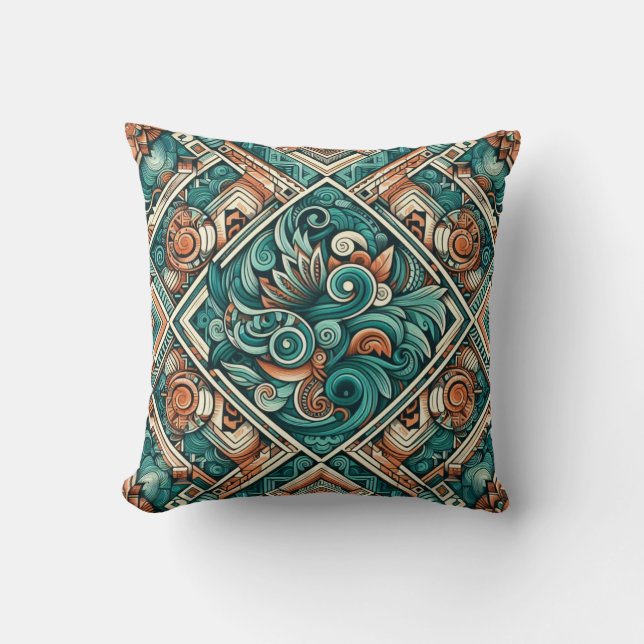 Aztec-Inspired Teal and Terracotta Pattern Throw Pillow (Front)
