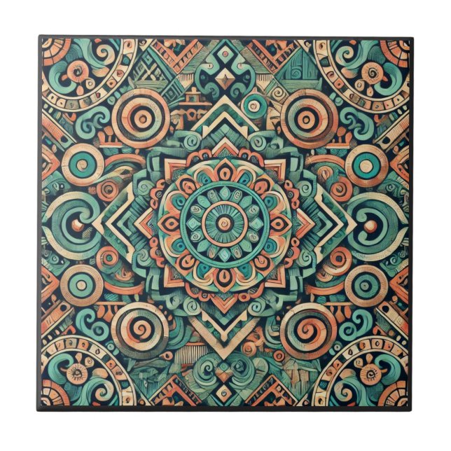Aztec-Inspired Teal and Terracotta Pattern Tile (Front)