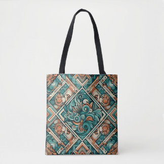 Aztec-Inspired Teal and Terracotta Pattern Tote Bag
