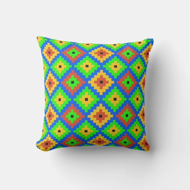 Aztec Mayan Brick Pattern | Green, Blue, Yellow Throw Pillow (Front)