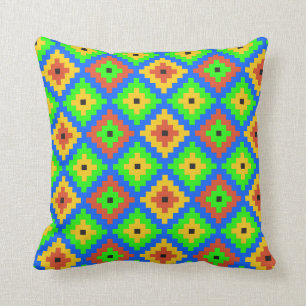 Aztec Mayan Brick Pattern Green, Blue, Yellow Throw Pillow