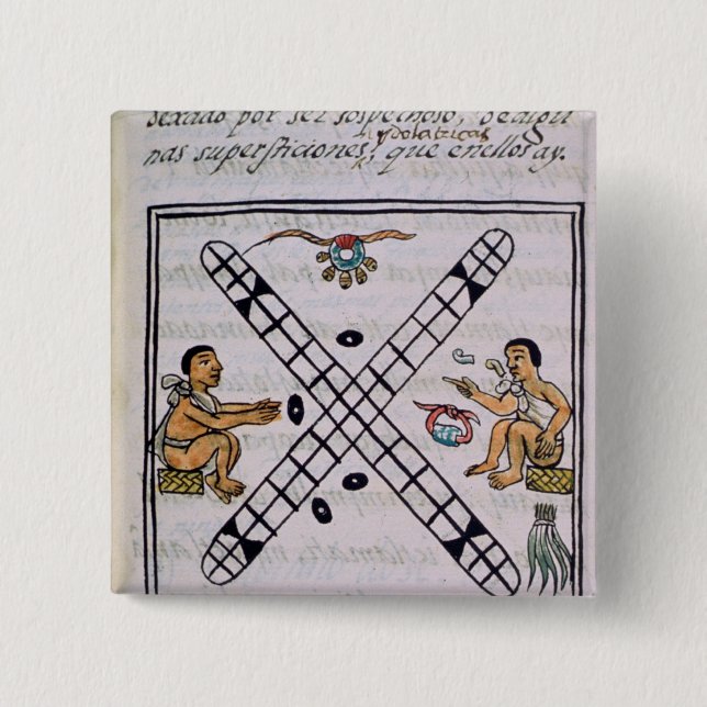 Aztec men gambling Patoli 2 Inch Square Button (Front)