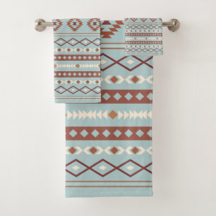 Aztec Mixed Motif Pattern Rusts Cream Blue Bath Towel Set
