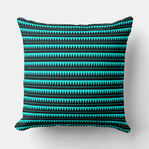 Aztec Mountains - Black on Cyan Throw Pillow